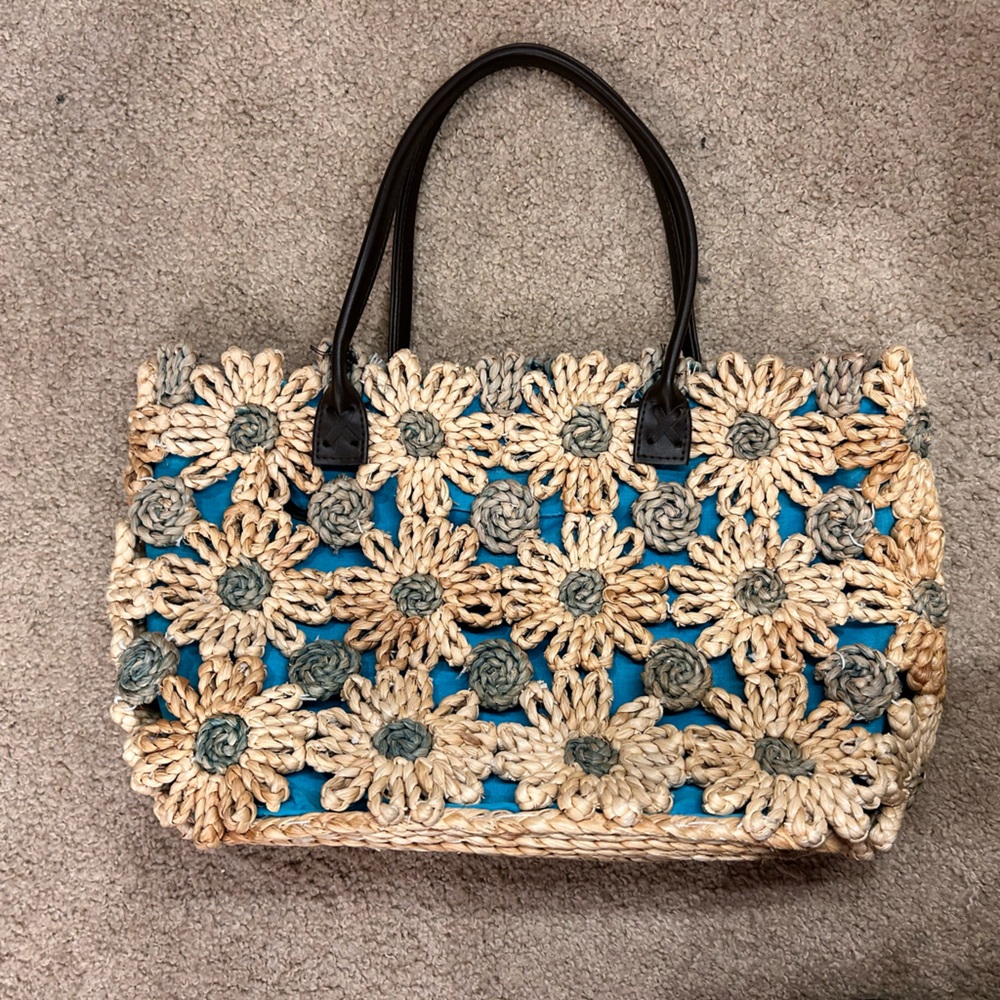 Floral Tote Bag - Cream and Blue